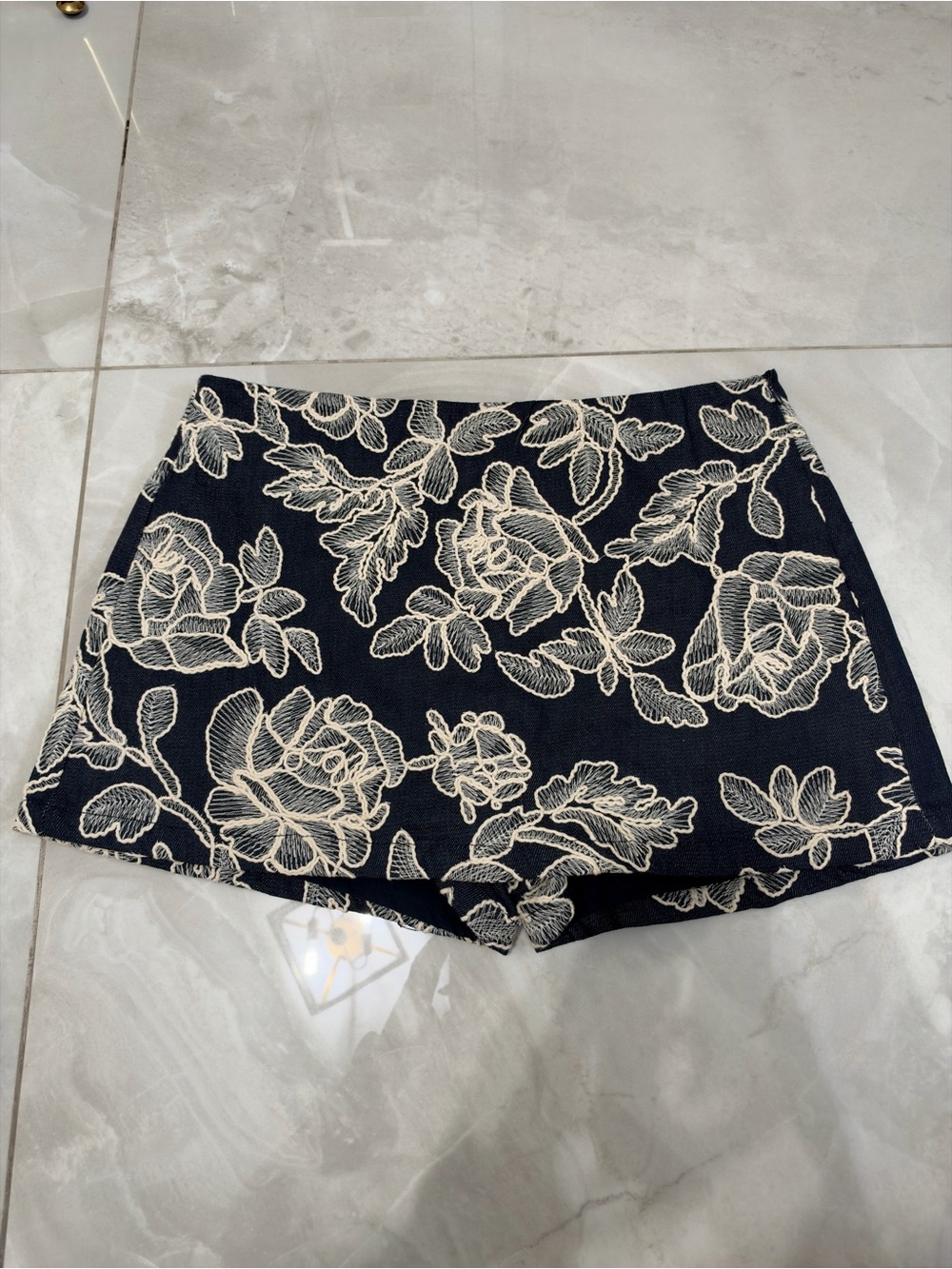 Zara Blue Shorts with Cream Floral Embroidery